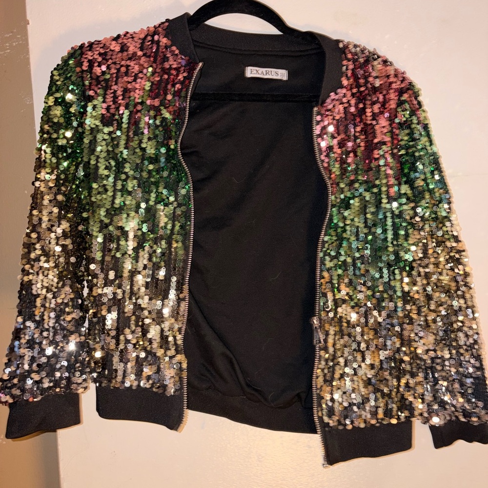 Multicolor Sequin Bomber Jacket - Pink & Green